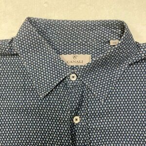 Canali Mens XXL 2XL Dress Shirt Long Sleeve Blue Geometric Print Made in‎ Italy